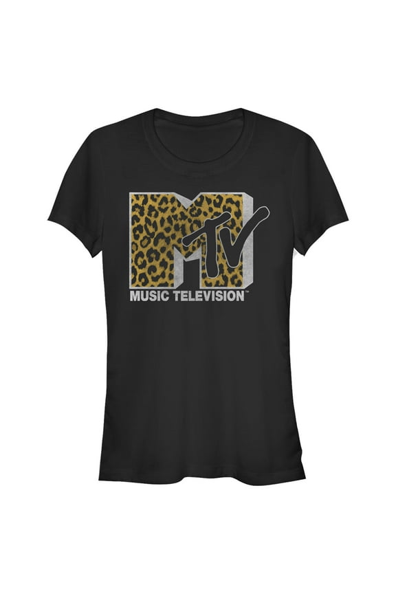 Junior's MTV Cheetah Print Logo Graphic Tee Black Large
