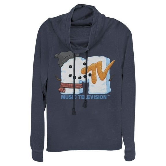 Junior's MTV Christmas Logo Snowman Cowl Neck Sweatshirt Navy Blue Small