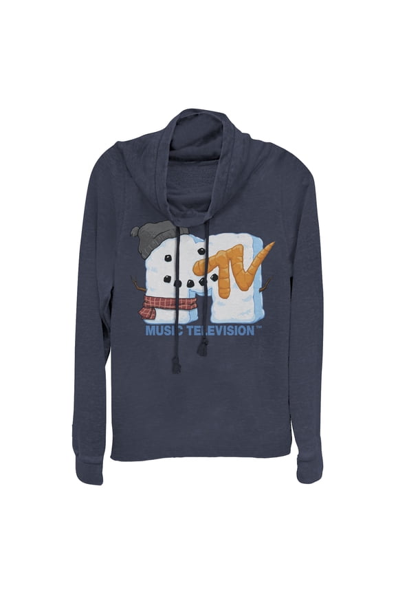 Junior's MTV Christmas Logo Snowman Cowl Neck Sweatshirt Navy Blue Small