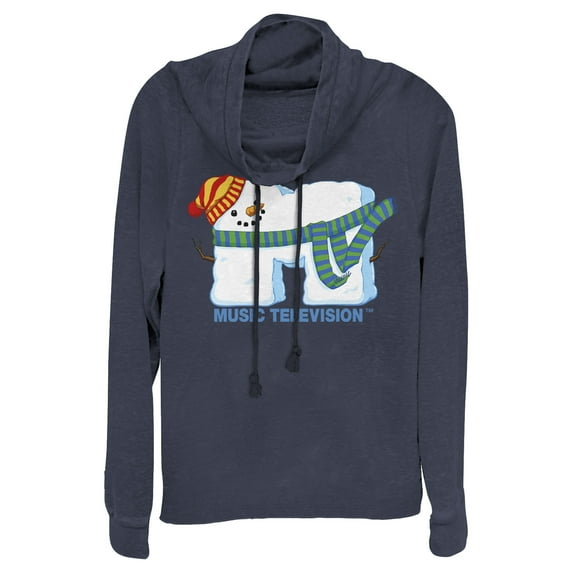 Junior's MTV Christmas Snowman Logo Cowl Neck Sweatshirt Navy Blue 4X Large