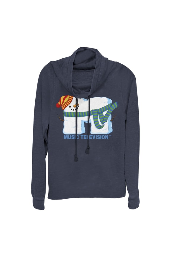 Junior's MTV Christmas Snowman Logo  Cowl Neck Sweatshirt Navy Blue Large