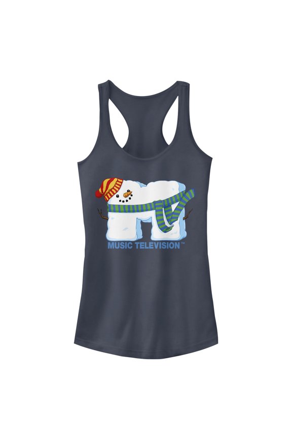 Junior's MTV Christmas Snowman Logo Racerback Tank Top Indigo X Small