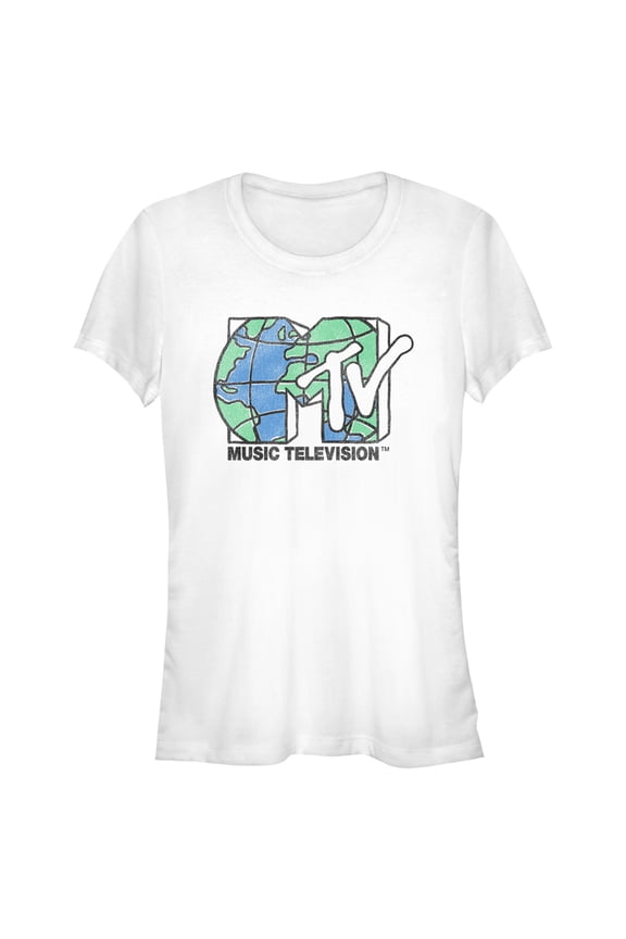 Junior's MTV Distressed Earth Day Logo Graphic Tee White Small
