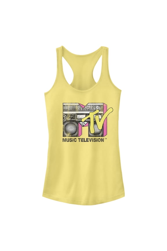Junior's MTV Retro Boombox Logo Racerback Tank Top Banana Medium