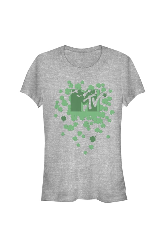 Junior's MTV St. Patrick's Day Shamrock Splatter Logo Graphic Tee Athletic Heather Small