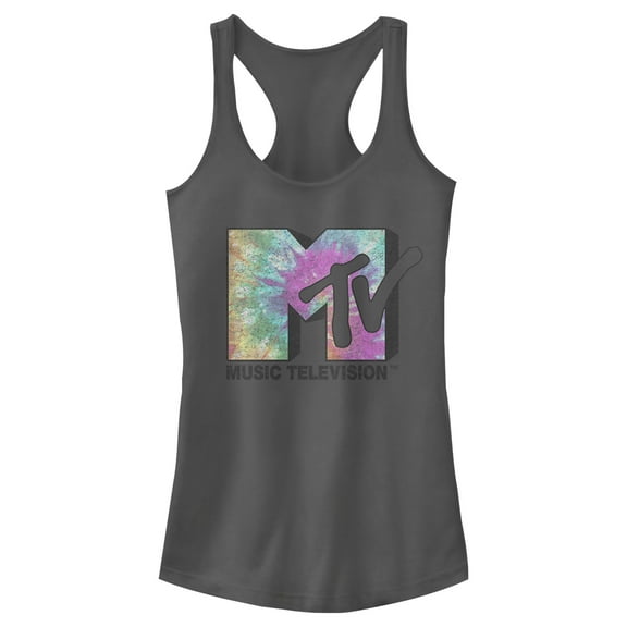 Junior's MTV Tie Dye Block Logo  Racerback Tank Top Charcoal Small