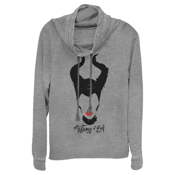 Junior's Maleficent: Mistress of All Evil Lips No Eyes  Cowl Neck Sweatshirt Gray Heather Small