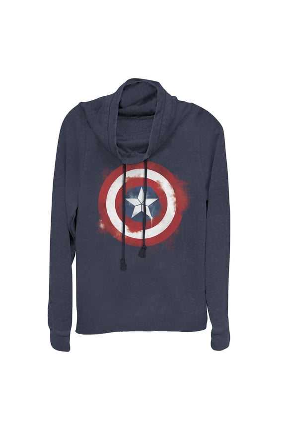 Junior's Marvel Avengers: Endgame Cap Smudged Shield  Cowl Neck Sweatshirt Navy Blue 4X Large