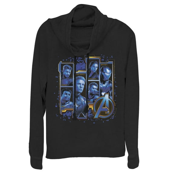 Junior's Marvel Avengers: Endgame Hero Tech Frames Cowl Neck Sweatshirt Black 4X Large