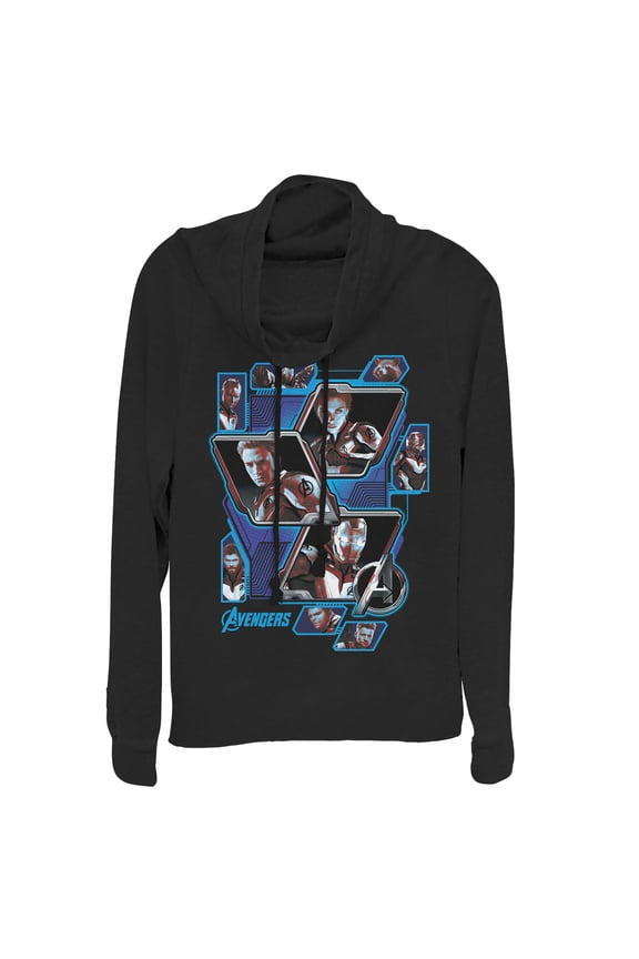 Junior's Marvel Avengers: Endgame Hero Tech Panels Cowl Neck Sweatshirt Black 4X Large