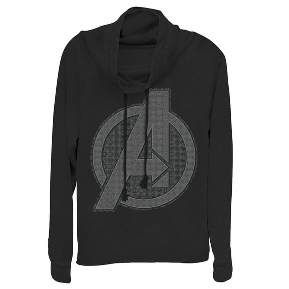 Junior's Marvel Avengers: Endgame Logo Icon Tiles  Cowl Neck Sweatshirt Black 4X Large