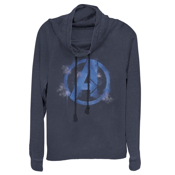 Junior's Marvel Avengers: Endgame Smudged Logo Cowl Neck Sweatshirt Navy Blue X Small