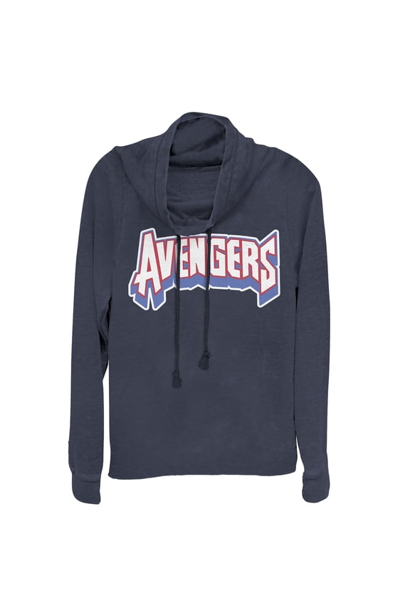 Junior's Marvel Avengers Text Cowl Neck Sweatshirt Navy Blue Medium