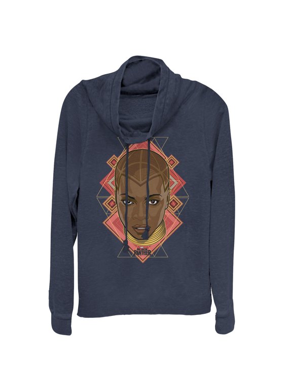 Junior's Marvel Black Panther 2018 Okoye Portrait Cowl Neck Sweatshirt Navy Blue Small