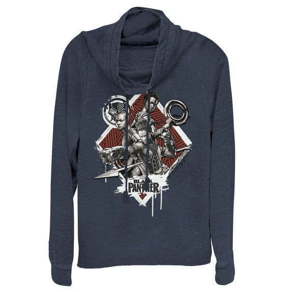 Junior's Marvel Black Panther 2018 Warrior Trio Cowl Neck Sweatshirt Navy Blue 2X Large