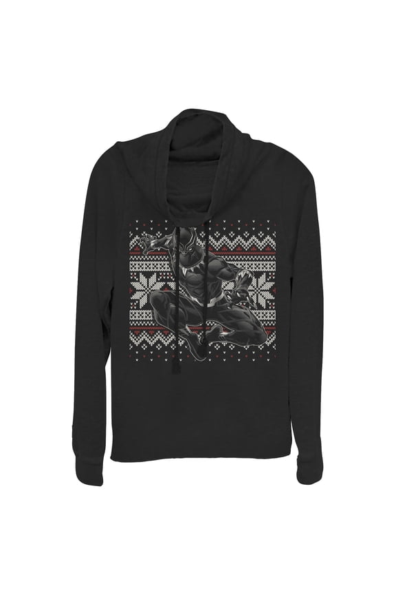 Junior's Marvel Black Panther Knit Pattern Print Cowl Neck Sweatshirt Black 4X Large