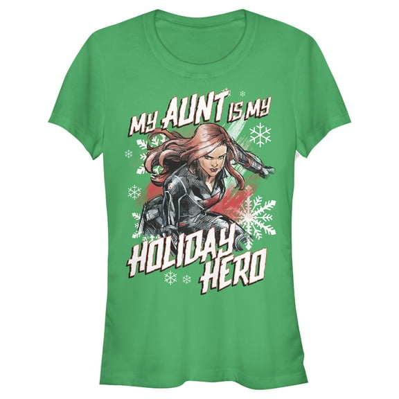 Junior's Marvel Black Widow Aunt Holiday Hero Graphic Tee Kelly Green Large