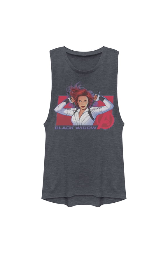 Junior's Marvel Black Widow Avenger Hero Festival Muscle Graphic Tee Denim Blue Heather Large