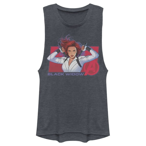 Junior's Marvel Black Widow Avenger Hero Festival Muscle Graphic Tee Denim Blue Heather Small