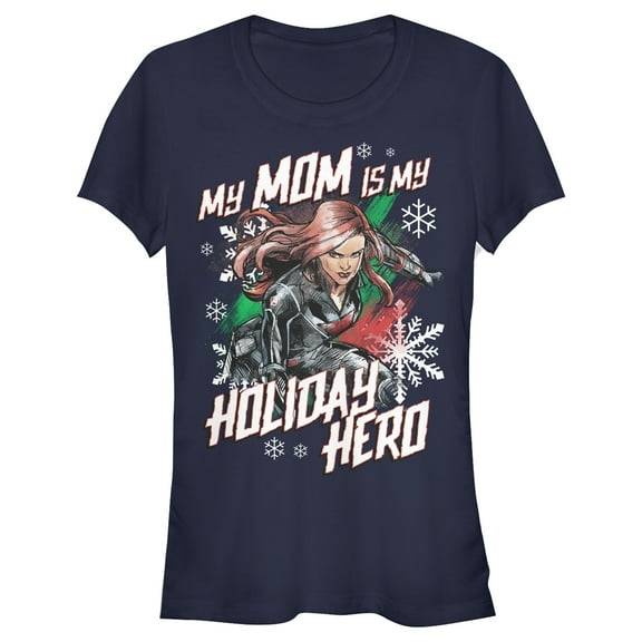 Junior's Marvel Black Widow Mom Holiday Hero  Graphic Tee Navy Blue Medium