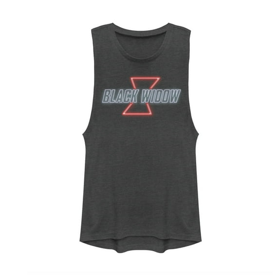 Junior's Marvel Black Widow Neon Light Logo Festival Muscle Graphic Tee Charcoal Small