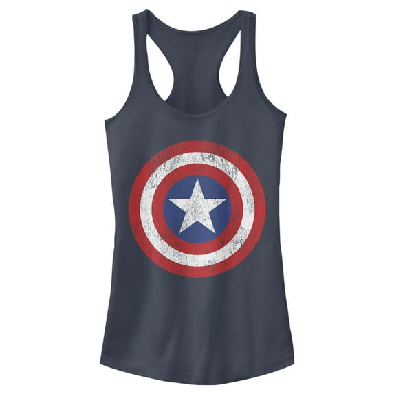 Junior's Marvel Captain America Distressed Shield Racerback Tank Top Indigo 2X Large
