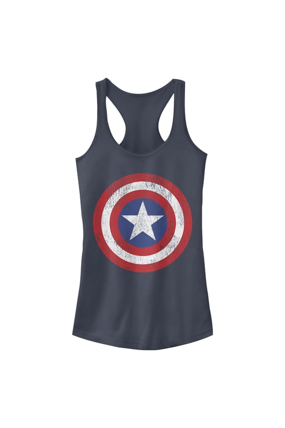 Junior's Marvel Captain America Distressed Shield Racerback Tank Top Indigo Small