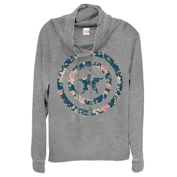 Junior's Marvel Captain America Floral Print Cowl Neck Sweatshirt Gray Heather Medium
