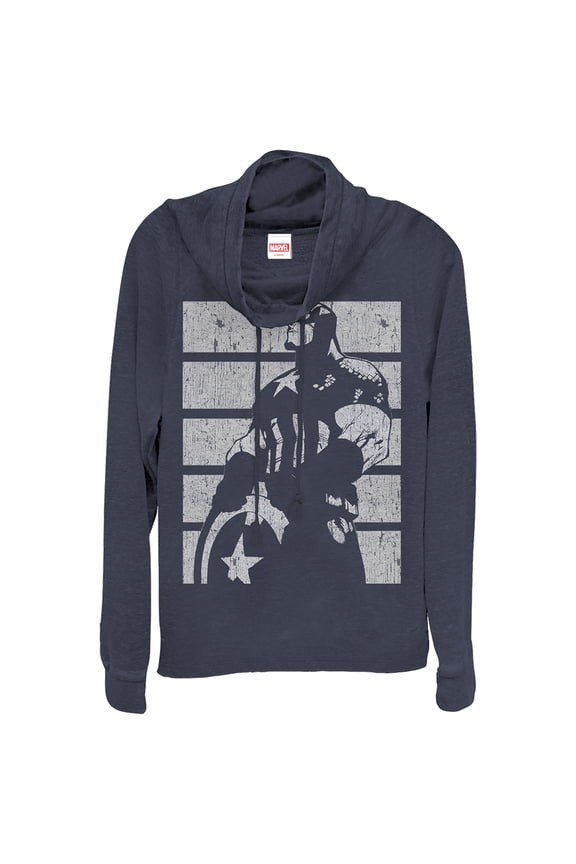 Junior's Marvel Captain America Profile Cowl Neck Sweatshirt Navy Blue Medium