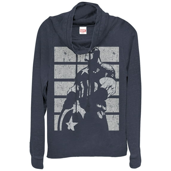 Junior's Marvel Captain America Profile Cowl Neck Sweatshirt Navy Blue X Large