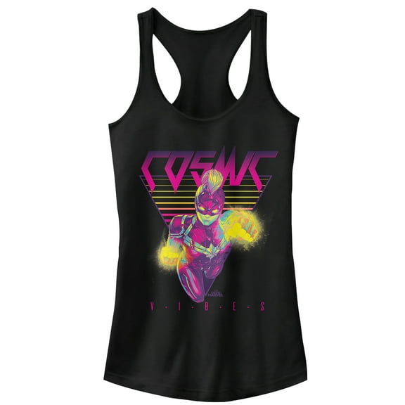 Junior's Marvel Captain Marvel '90s Cosmic Vibes  Racerback Tank Top Black X Large