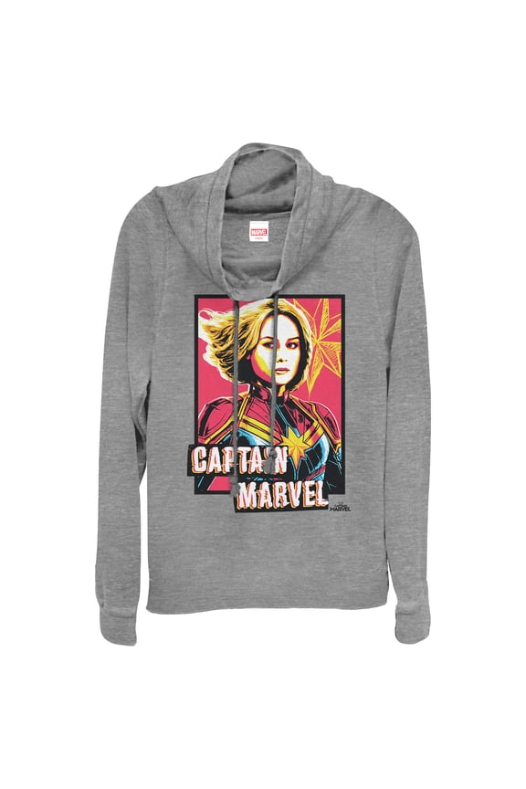 Junior's Marvel Captain Marvel Artistic Portrait Cowl Neck Sweatshirt Gray Heather Medium