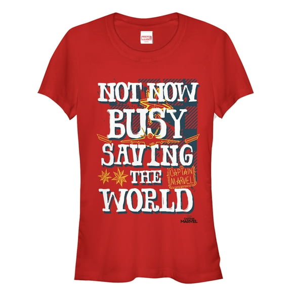 Junior's Marvel Captain Marvel Busy Saving World Graphic Tee Red Small