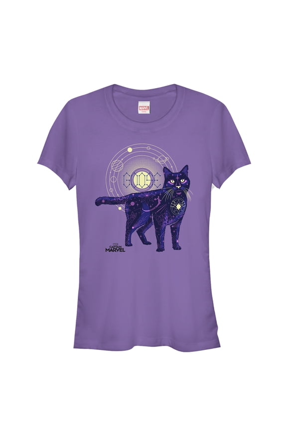 Junior's Marvel Captain Marvel Celestial Goose Cat Graphic Tee Purple X Large