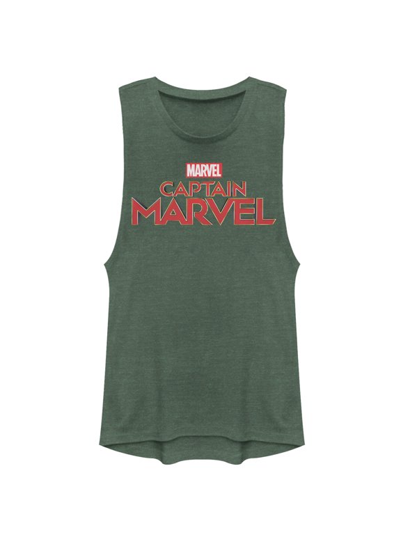 Junior's Marvel Captain Marvel Classic Logo Festival Muscle Graphic Tee Pine Green Heather 2X Large
