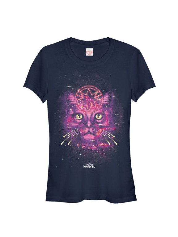 Junior's Marvel Captain Marvel Cosmic Goose Cat Graphic Tee Navy Blue Small