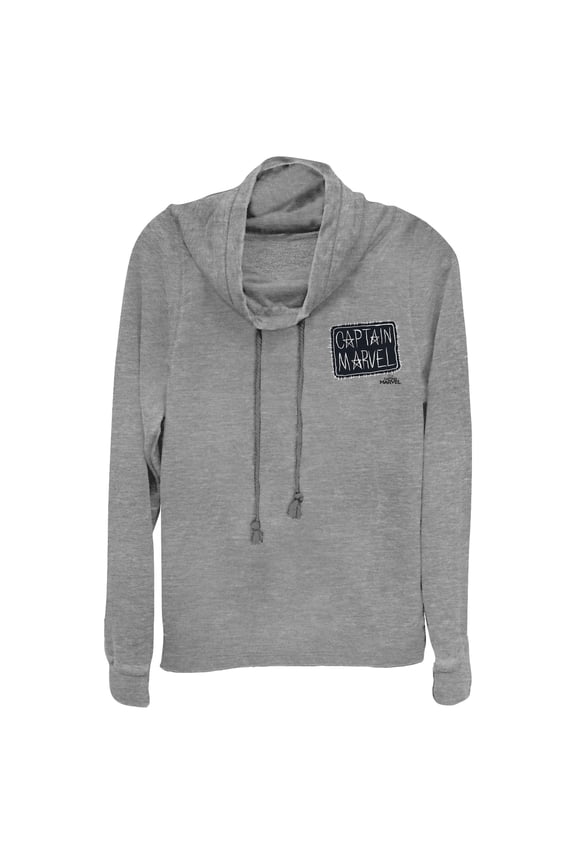 Junior's Marvel Captain Marvel Crayon Patch Logo Cowl Neck Sweatshirt Gray Heather X Small