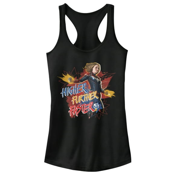 Junior's Marvel Captain Marvel Faster Stars Racerback Tank Top Black 2X Large