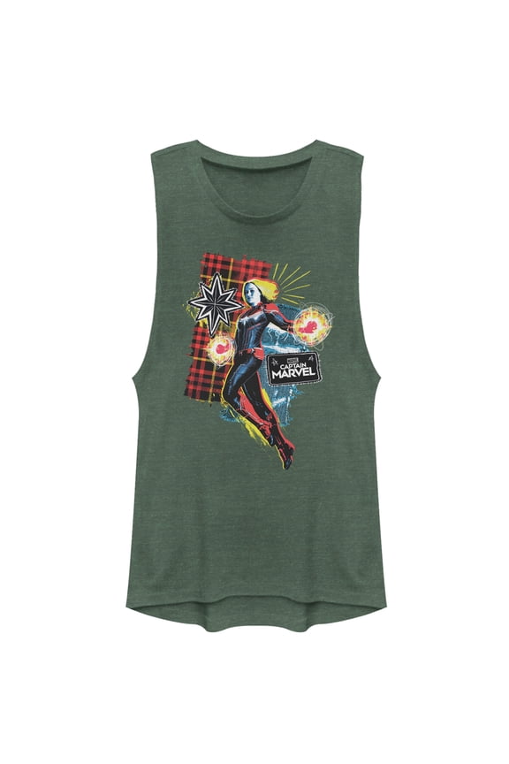 Junior's Marvel Captain Marvel Flannel Patch Print Festival Muscle Graphic Tee Pine Green Heather 2X Large