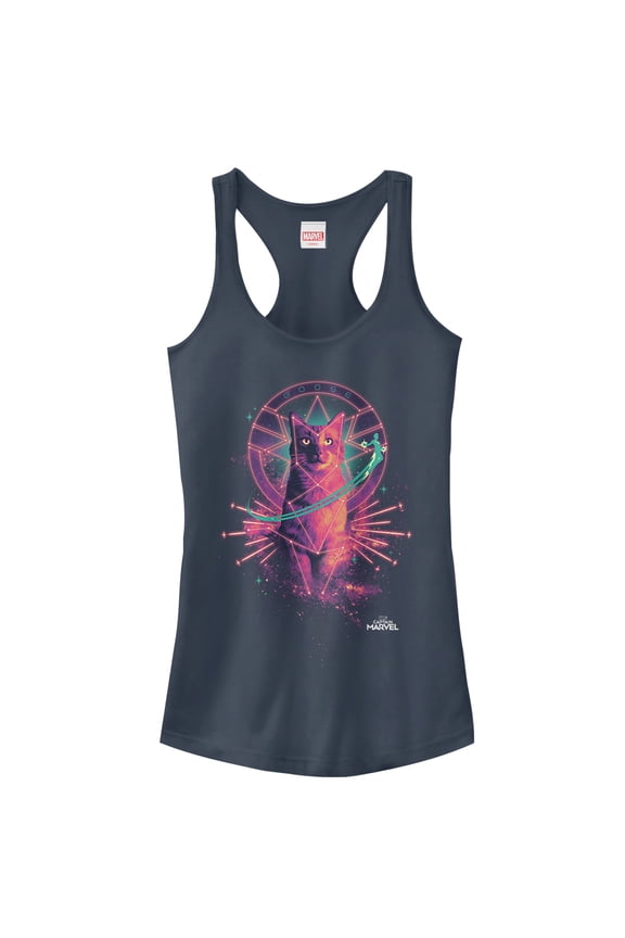 Junior's Marvel Captain Marvel Galactic Goose Cat  Racerback Tank Top Indigo Small