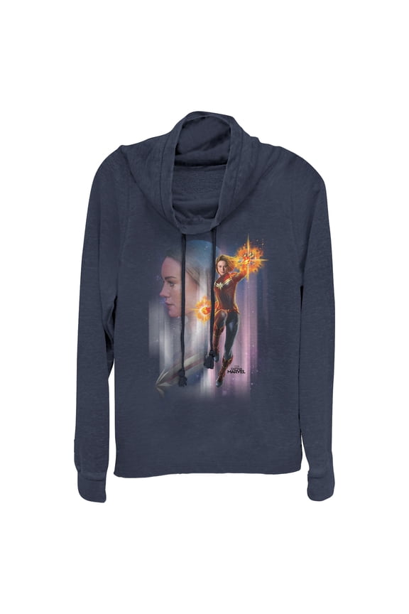 Junior's Marvel Captain Marvel Galactic Profile Cowl Neck Sweatshirt Navy Blue Medium