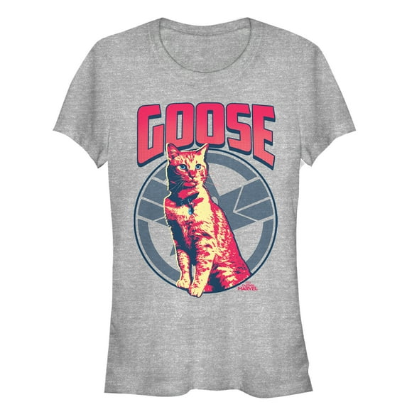 Junior's Marvel Captain Marvel Goose Cat Badge Graphic Tee Athletic Heather Medium