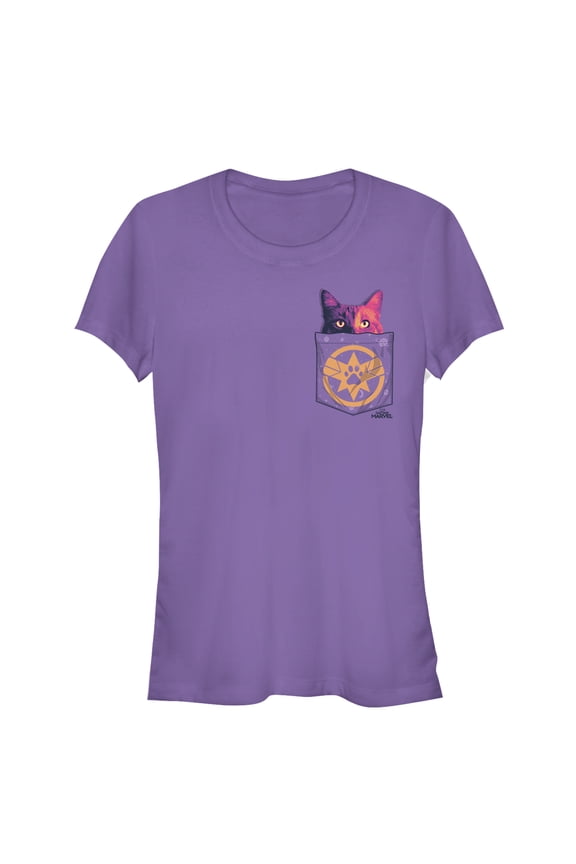 Junior's Marvel Captain Marvel Goose Cat Pocket Print Graphic Tee Purple Medium