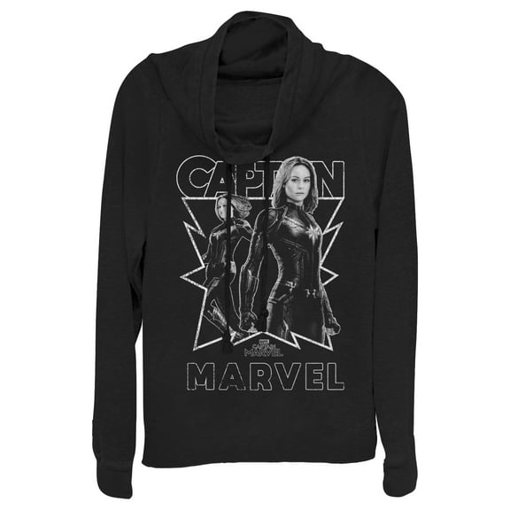 Junior's Marvel Captain Marvel Gray Grayscale Portrait Cowl Neck Sweatshirt Black Medium