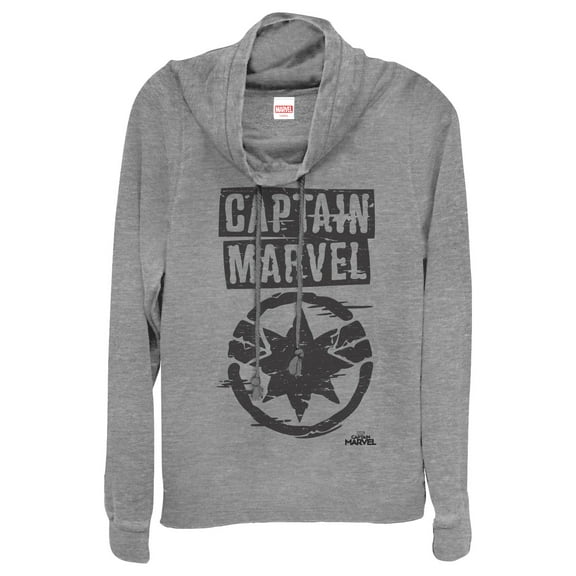 Junior's Marvel Captain Marvel Grayscale Star Symbol Cowl Neck Sweatshirt Gray Heather 4X Large