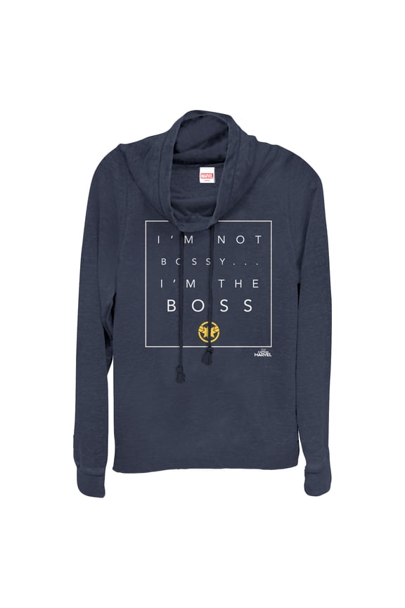 Junior's Marvel Captain Marvel I'm the Boss Cowl Neck Sweatshirt Navy Blue Large