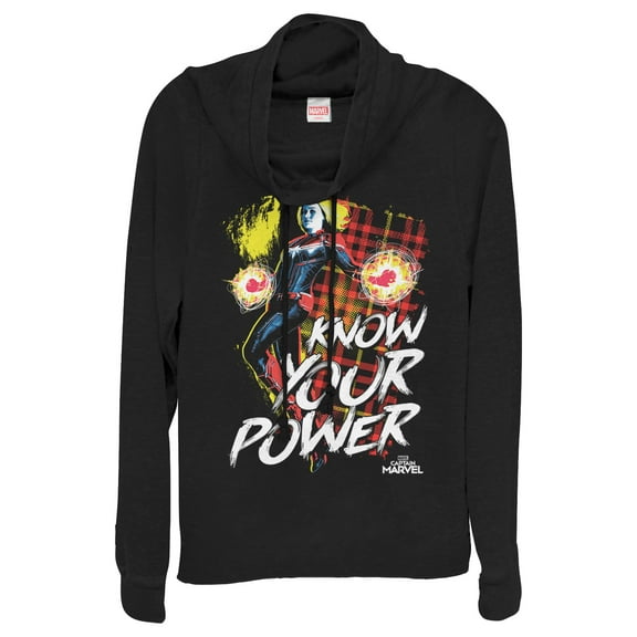 Junior's Marvel Captain Marvel Know Your Power  Cowl Neck Sweatshirt Black Small