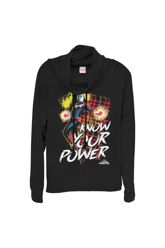 Junior's Marvel Captain Marvel Know Your Power Cowl Neck Sweatshirt Black X Small