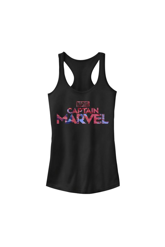 Junior's Marvel Captain Marvel Logo Tie-Dye Print Racerback Tank Top Black Medium