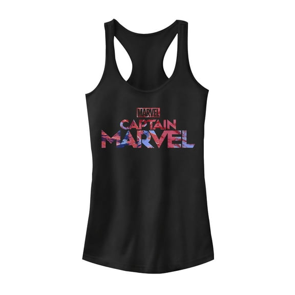 Junior's Marvel Captain Marvel Logo Tie-Dye Print Racerback Tank Top Black X Small